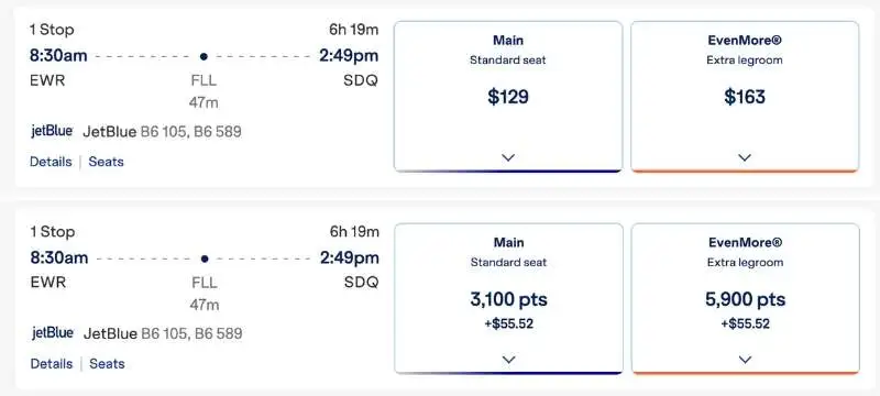 Mesmo voo JetBlue em dinheiro e em pontos